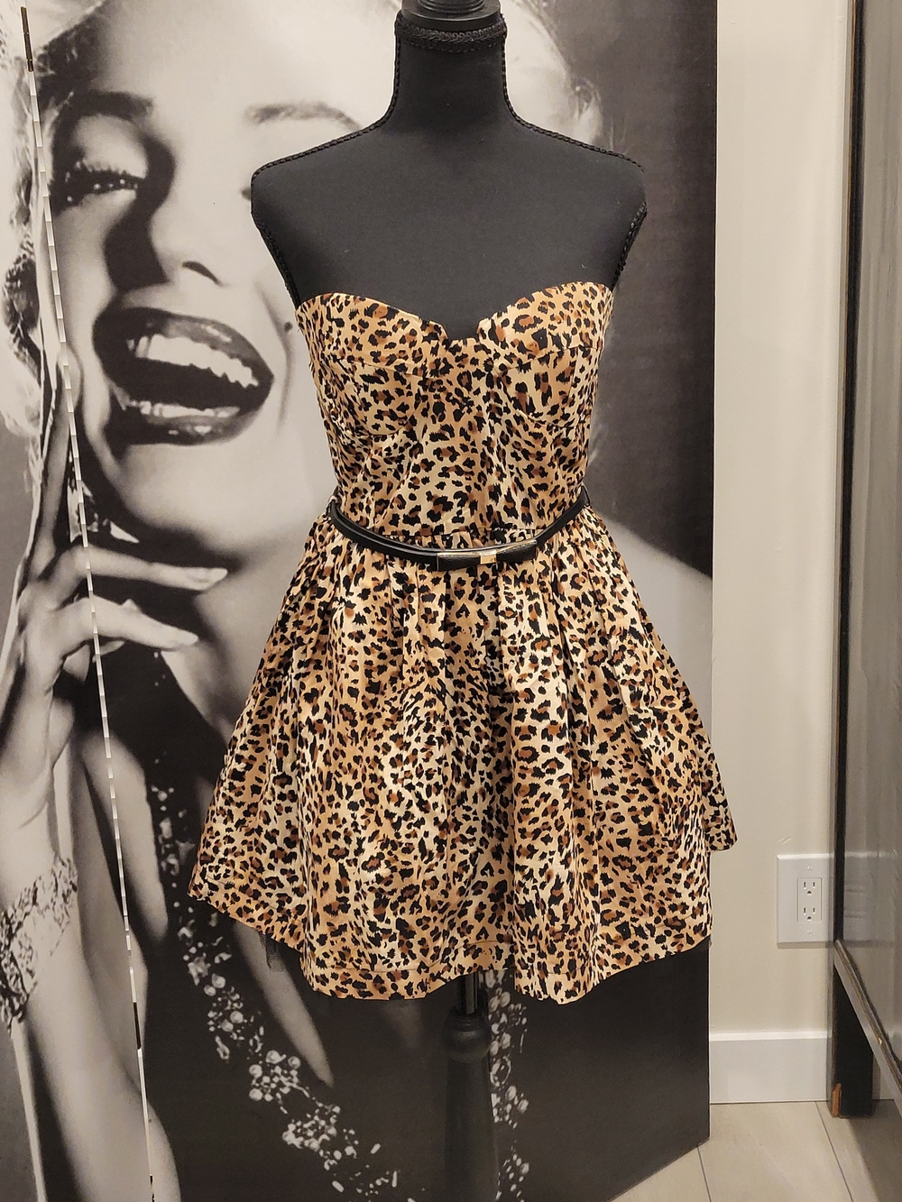 Strapless Leopard Print Mini Dress - Tan/Black